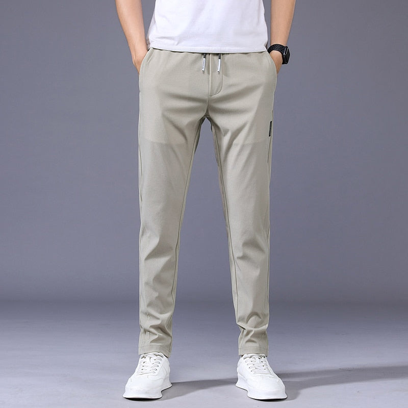 Summer Men's Casual Pants Thin Soft Elasticity Lace-up Waist Solid Color Pocket Applique Korea Grey Black Work Trousers Male 38