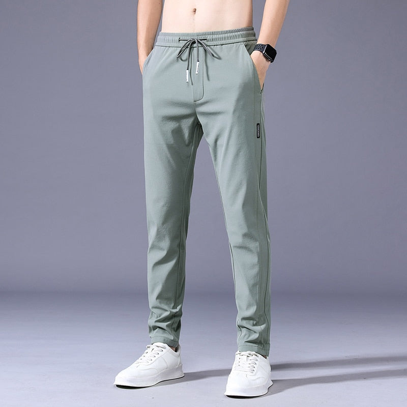 Summer Men's Casual Pants Thin Soft Elasticity Lace-up Waist Solid Color Pocket Applique Korea Grey Black Work Trousers Male 38