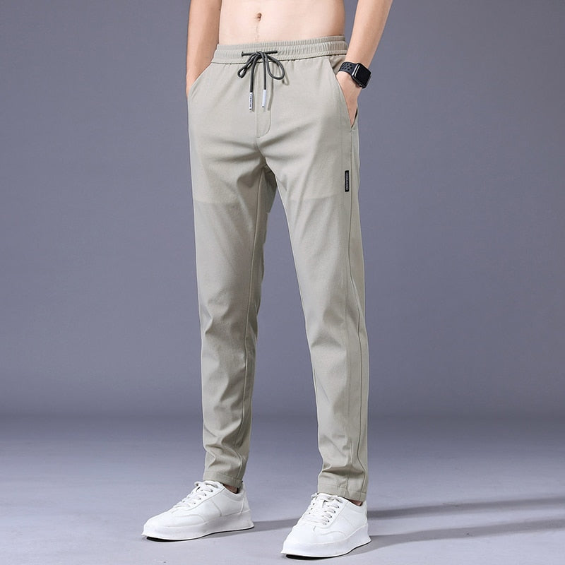 Summer Men's Casual Pants Thin Soft Elasticity Lace-up Waist Solid Color Pocket Applique Korea Grey Black Work Trousers Male 38