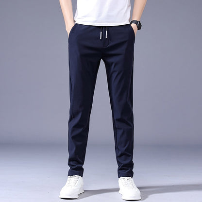 Summer Men's Casual Pants Thin Soft Elasticity Lace-up Waist Solid Color Pocket Applique Korea Grey Black Work Trousers Male 38