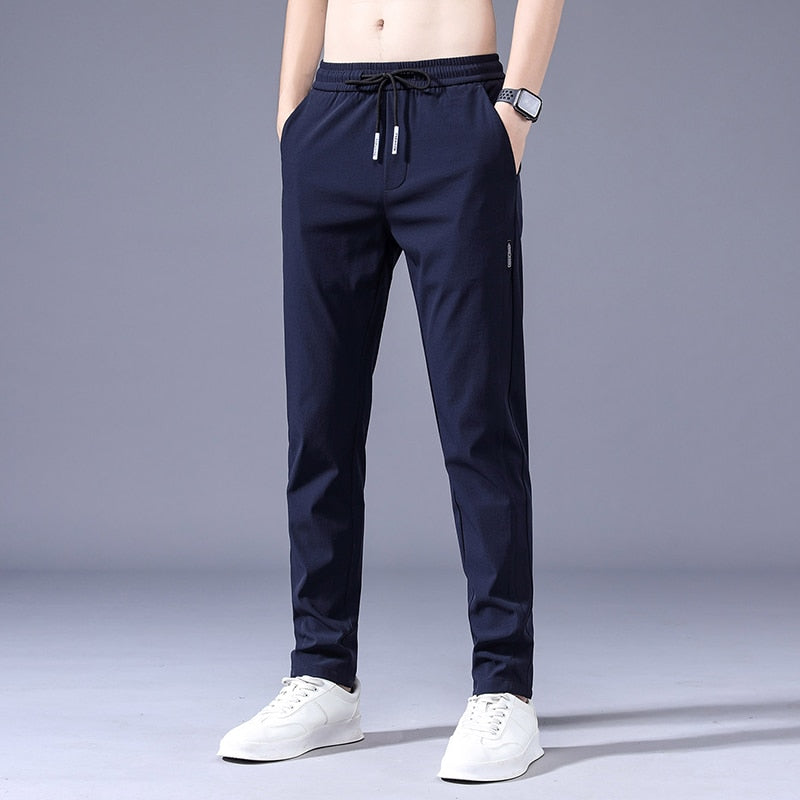 Summer Men's Casual Pants Thin Soft Elasticity Lace-up Waist Solid Color Pocket Applique Korea Grey Black Work Trousers Male 38