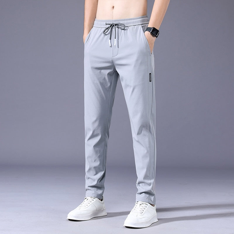 Summer Men's Casual Pants Thin Soft Elasticity Lace-up Waist Solid Color Pocket Applique Korea Grey Black Work Trousers Male 38