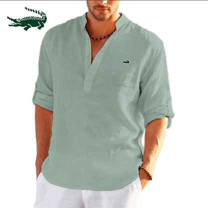 High quality men's spring/summer new long sleeved cotton linen shirt business casual loose fitting T-shirt shirt top S-5XL