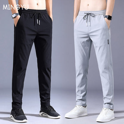 Summer Men's Casual Pants Thin Soft Elasticity Lace-up Waist Solid Color Pocket Applique Korea Grey Black Work Trousers Male 38